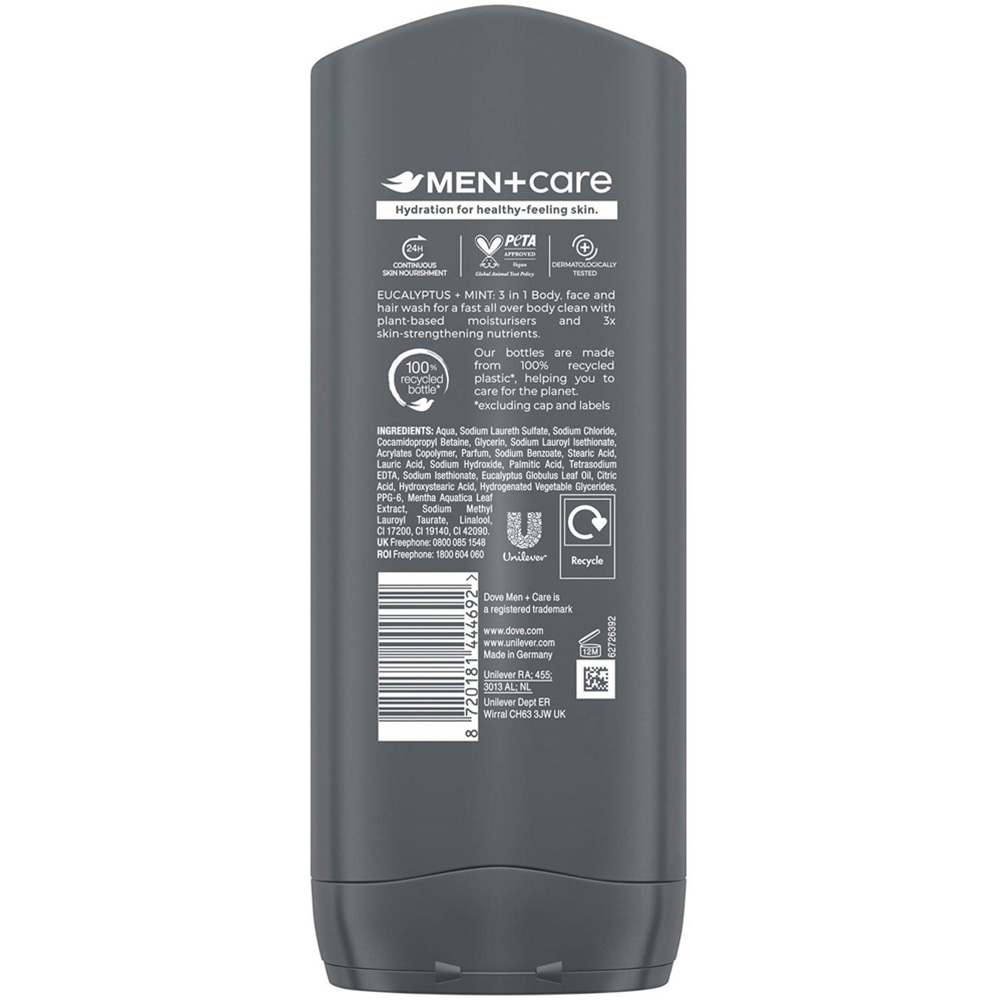 Dove Men + Care Eucalyptus and Mint 3-in-1 Body Face and Hair Wash 400ml 3 Pack Image 3