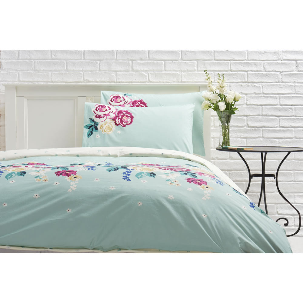 Wilko Duck Egg Blue Riviera Floral Double Duvet   Set Image 1