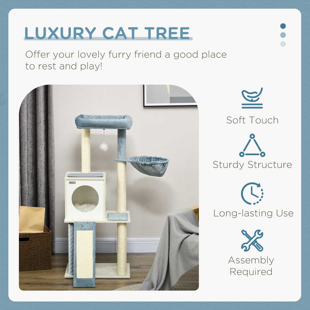 PawHut Blue Wooden Cat Tree for Indoor Cats with Scratching Post Wilko