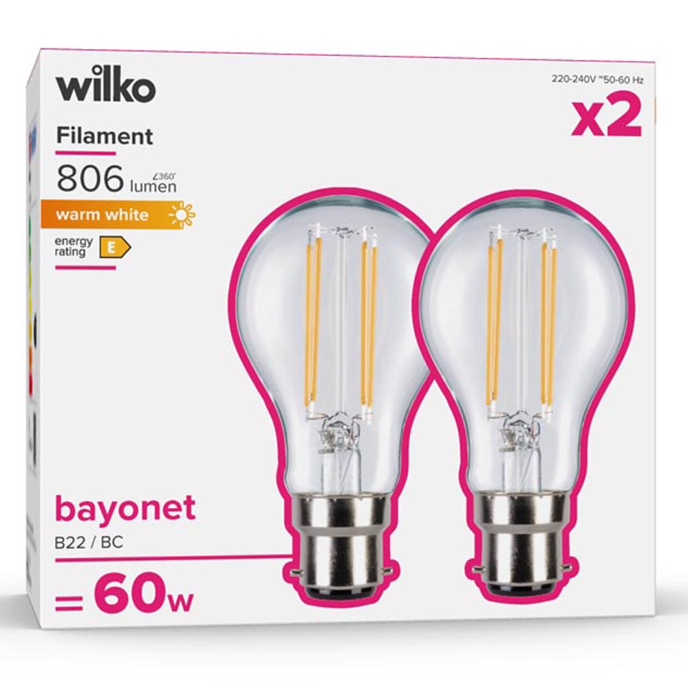 Wilko 2 pack Bayonet B22/BC 806lm LED Filament Standard Light Bulb Non Dimmable Image 1