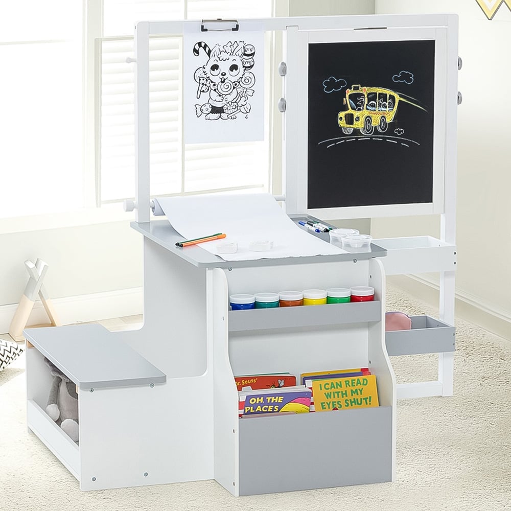Costway Light Grey Kids Art Easel Table and Bench Set with Bookshelf Image 2