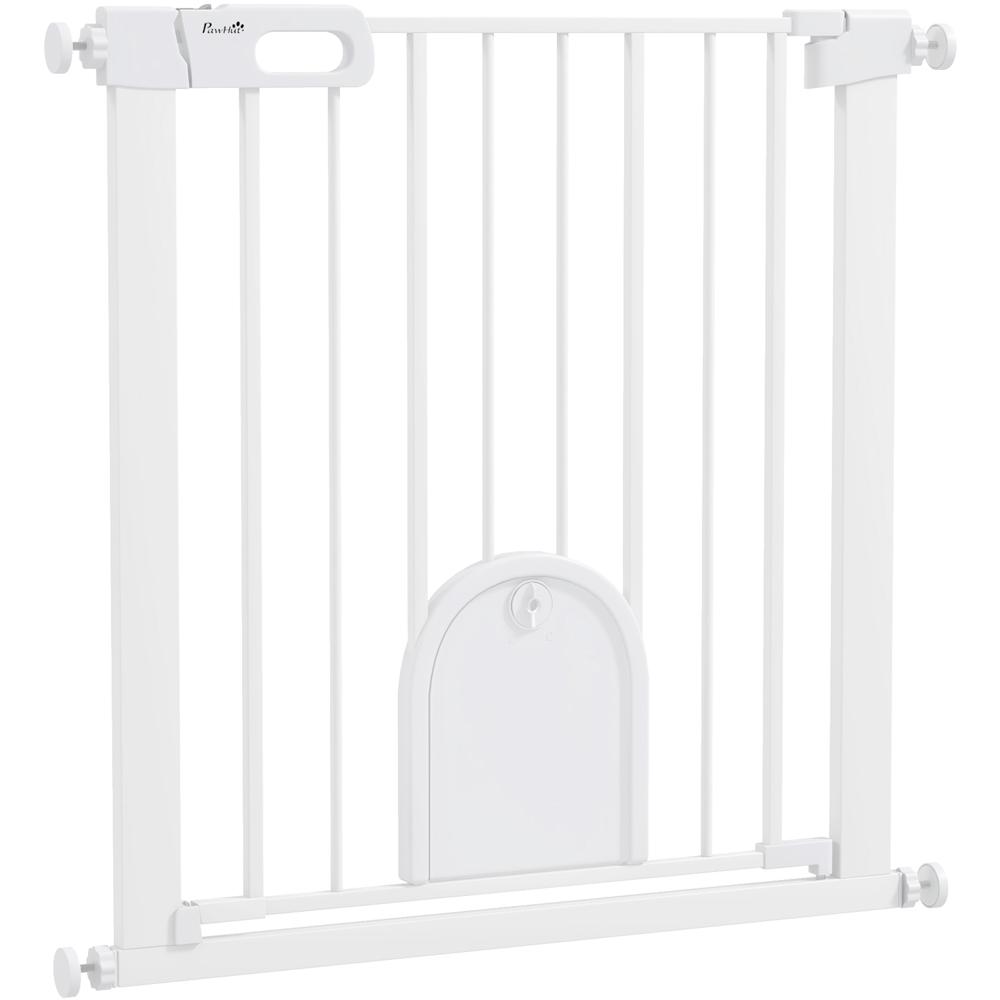 PawHut White 75-82cm Stair Pressure Fit Pet Safety Gate with Small Cat Flap Image 1