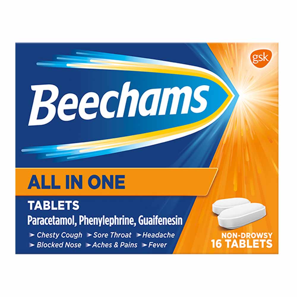 Bechham Beechams All in One Tablets 16 Pack  - wilko Beechams All in One Tablets provide relief from the symptoms of colds, chills and flu, including chesty coughs. 16 tablets in the pack. Non-drowsy. Please read enclosed leaflet carefully before taking this medicine. Bechham Beechams All in One Tablets 16 Pack