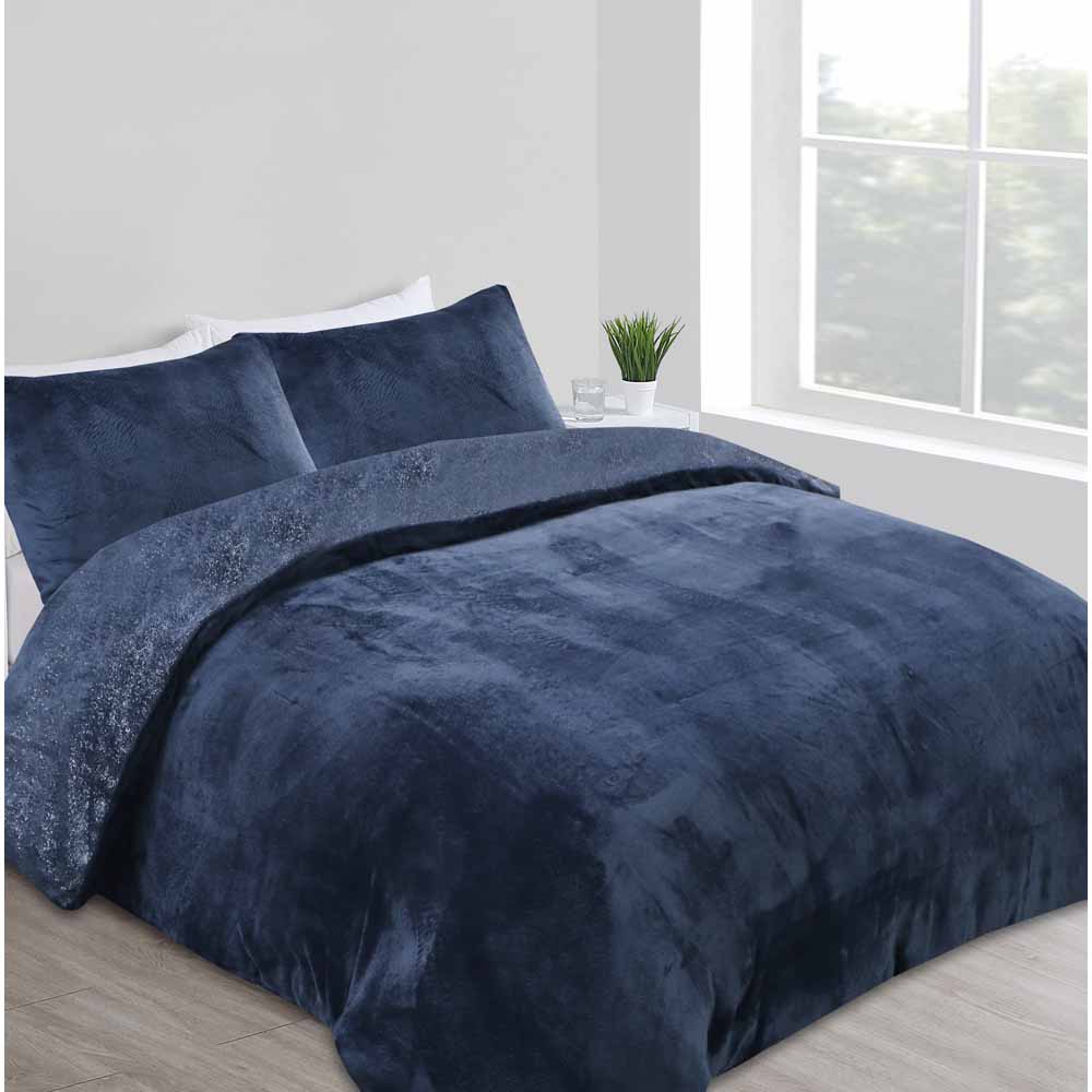 Wilko Navy Sparkle Teddy Fleece Double Duvet Set Wilko