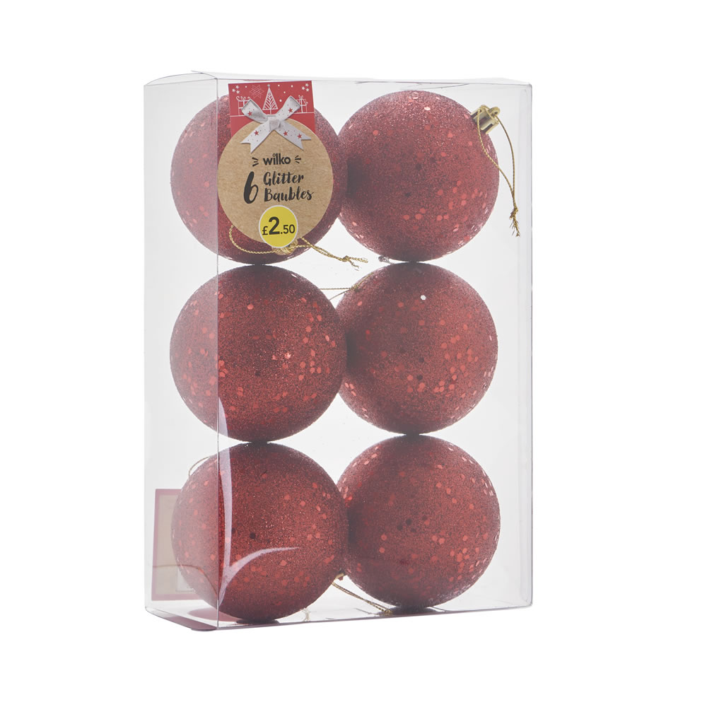 Wilko 6 pack Alpine Home Red Glitter Christmas Baubles Image 3