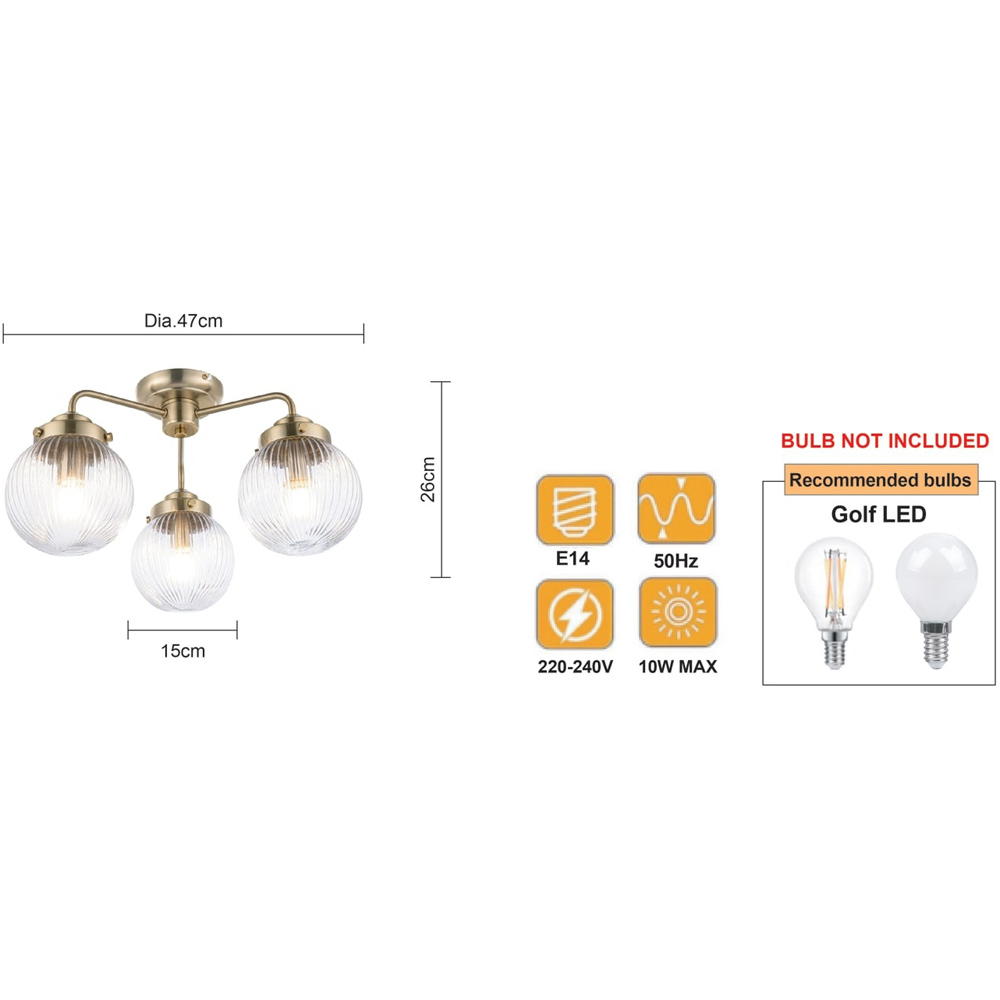 Cosylyte Finley Bathroom 3 Light Classic Ribbed Glass Brass Metal Base Down Ceiling Light Image 9