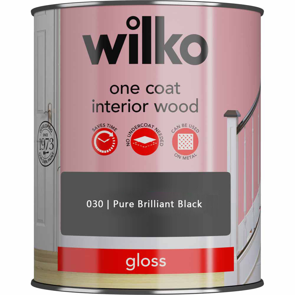 Wilko One Coat Interior Wood Pure Brilliant Black Gloss Paint 750ml Image 2