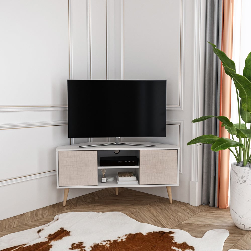 Decorotika Lesson 2 Door 2 Shelf White and Beige Corner TV Stand Image 7