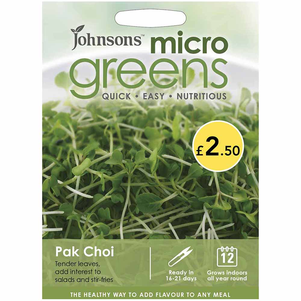 Mr Fothergill’s Mr Fothergills MG Pak Choi Seeds  - wilko  - Garden & Outdoor Create your own veggie garden with Johnson's MG Pak Choi plants that lower the risk of heart diseases. Along with beautifying your green space, it also aids the prevention of cancer. Emerald green, succulent leaves with a mild Brassica flavour. An attractive and tasty addition to a wide range of oriental dishes, soups, salads and stir-fries. The pack contains an average of 1500 seeds. Guarantees high quality and assures you to replace the seeds if they don't work for you. Sowing Instruction: Ready to harvest in 16-21 days. Indoor sowing all year round, in Johnson's Microgreens Growing Trays, or in small trays of moist compost. Sow generously and spray gently with water to moisten the seeds. Place on a light airy windowsill. For continuous crops sow every 7-10 days. Keep moist, do not allow the seed to dry out. Harvest all year round, when approx. 5cm high or when first true leaves appear. Use and care: Sow half a tray at a time for convenient, continuous crops. Sowing to harvest times may change throughout the year as growing conditions and light levels change. Ensure growing trays are thoroughly washed before they are re-used.