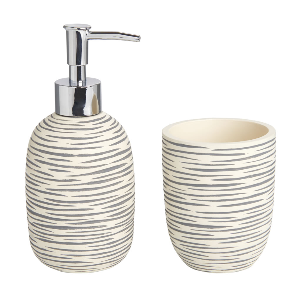 Wilko Grey and White Textured Soap Dispenser and Tumbler Set Image 1