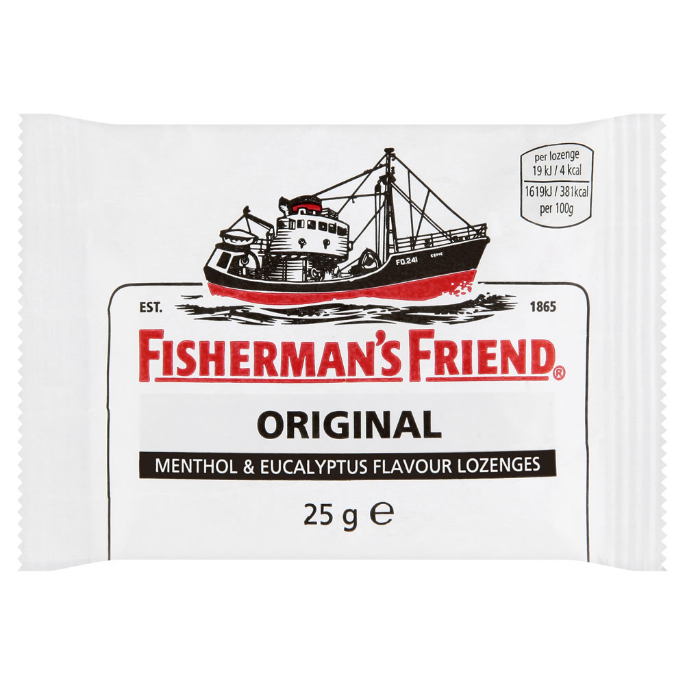Fishermans Friend Fisherman's Friend Original Menthol and Eucalyptus Flavour Lozenges 25g  - wilko Strong traditional lozenges, containing menthol and eucalyptus which have a soothing effect in extreme conditions. Not  suitable for  children under 5 years. Keep out of reach of  children. Always read product information carefully before use. Fishermans Friend Fisherman's Friend Original Menthol and Eucalyptus Flavour Lozenges 25g