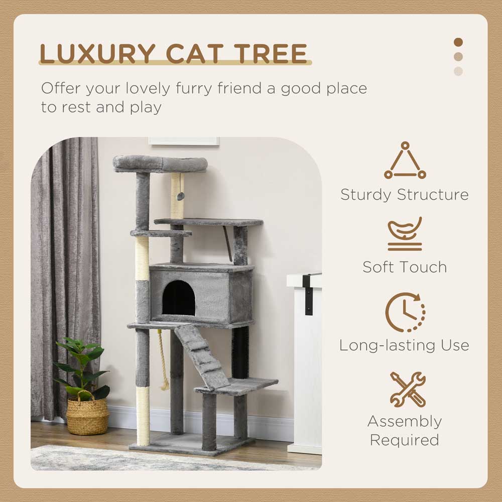 PawHut Cat Tree Tower for Indoor Cats with Scratching Post, House, Toy, Grey Image 5