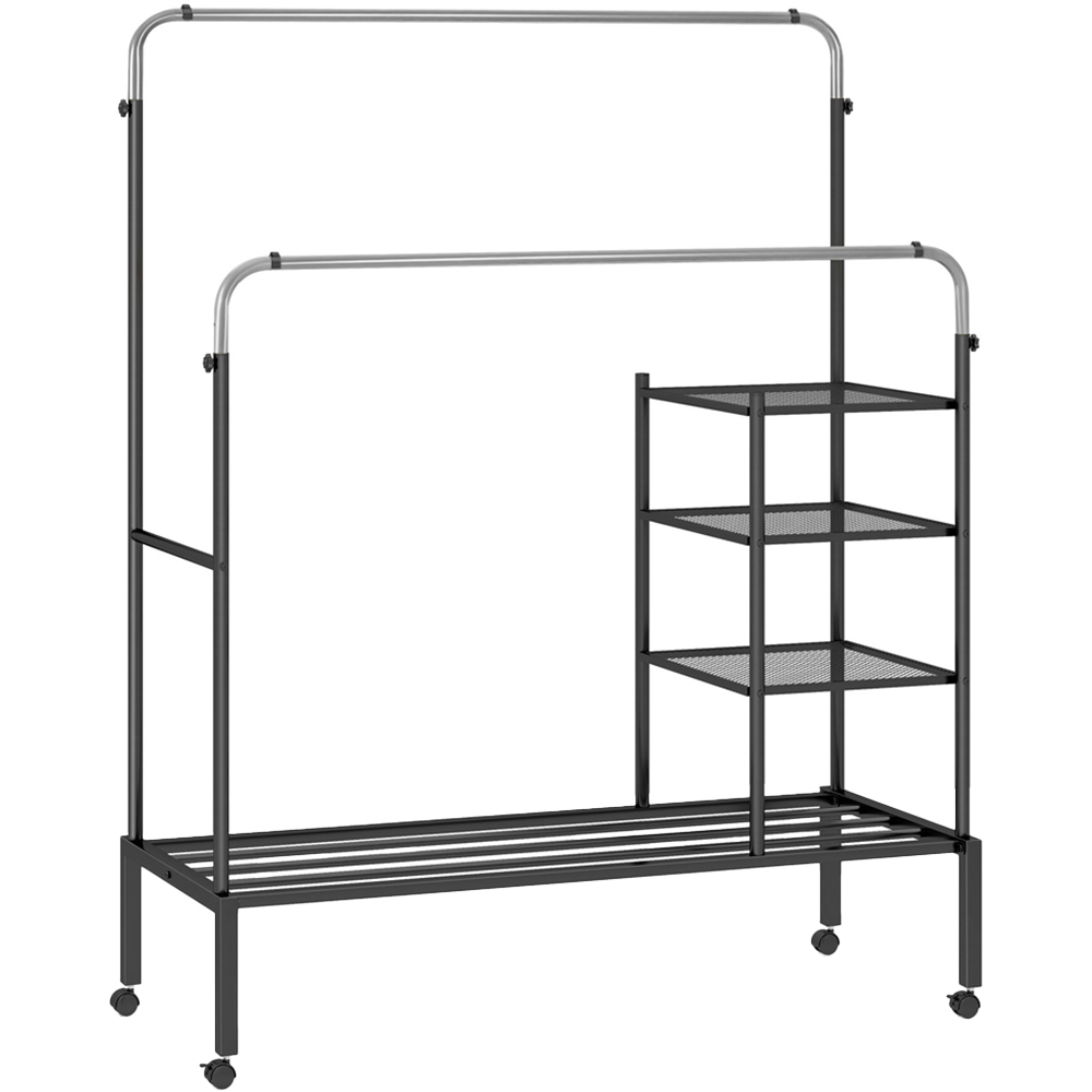 Costway 4 Shelf 2 Hanging Bars Black and Silver Rolling Clothes Rack Image 1