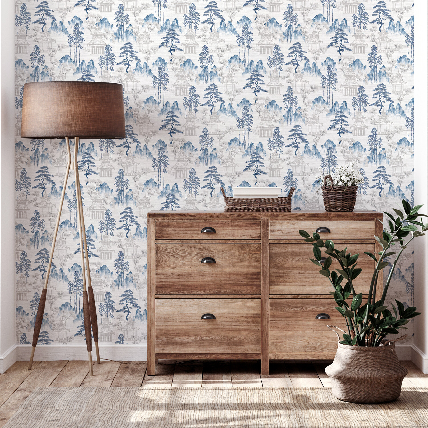 Japanese Pagoda Wallpaper - Blue and Grey Image 2