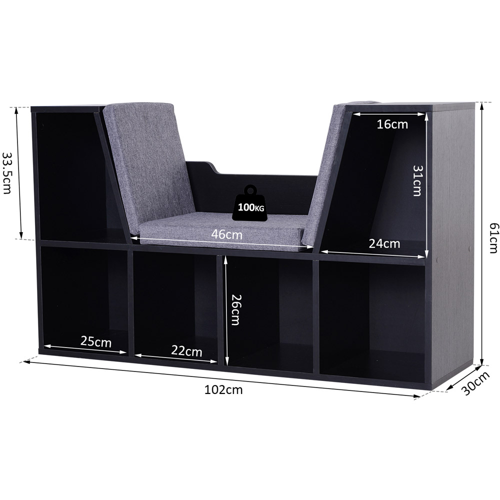 HOMCOM 6 Shelf Black Bookcase with Cushioned Reading Seat Image 8