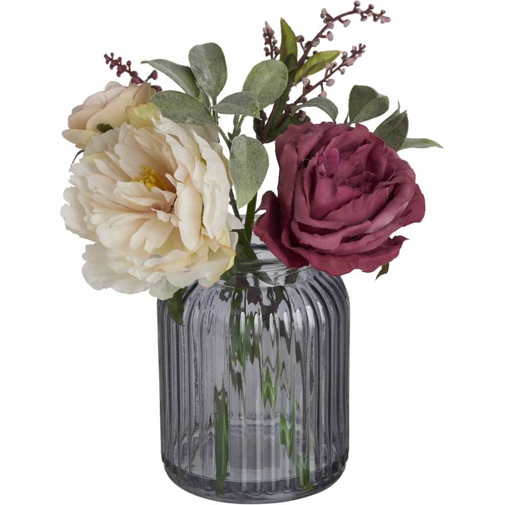 Wilko Artificial Peony Arrangement in Glass Vase Image 1