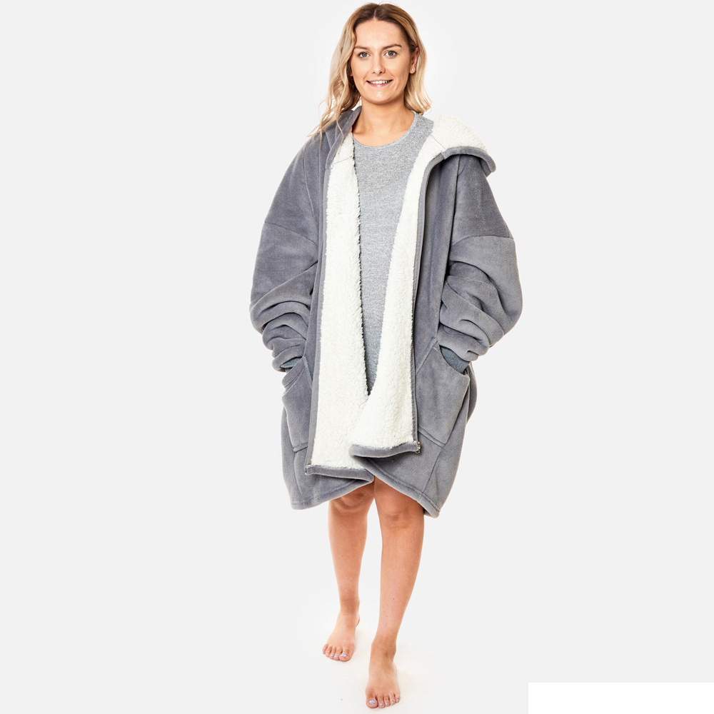 Sienna Charcoal Grey Sherpa Fleece Zip Up Oversized Hoodie Blanket Image 2