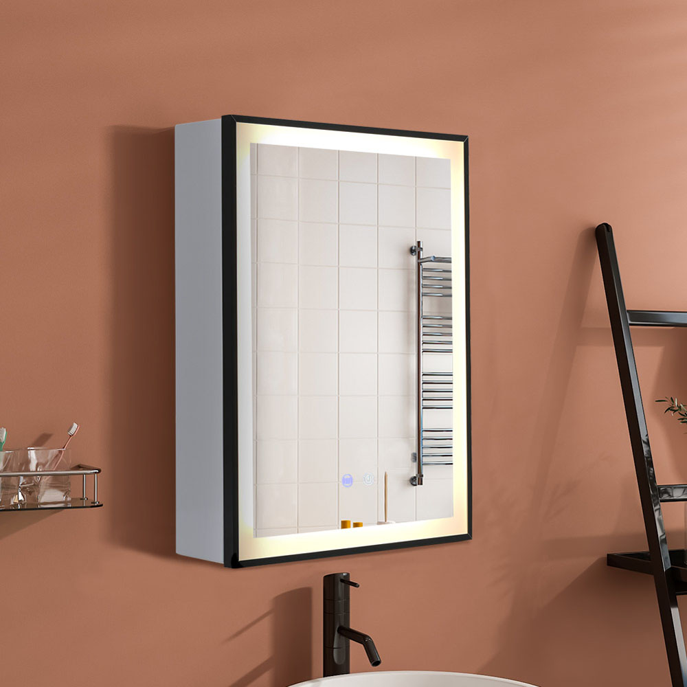 Living and Home White Black Framed LED Mirror Bathroom Cabinet Image 6