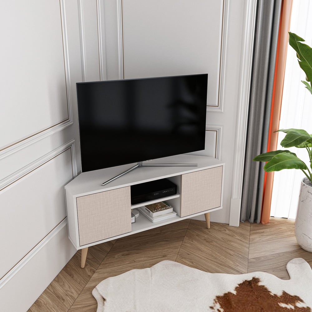 Decorotika Lesson 2 Door 2 Shelf White and Beige Corner TV Stand Image 3