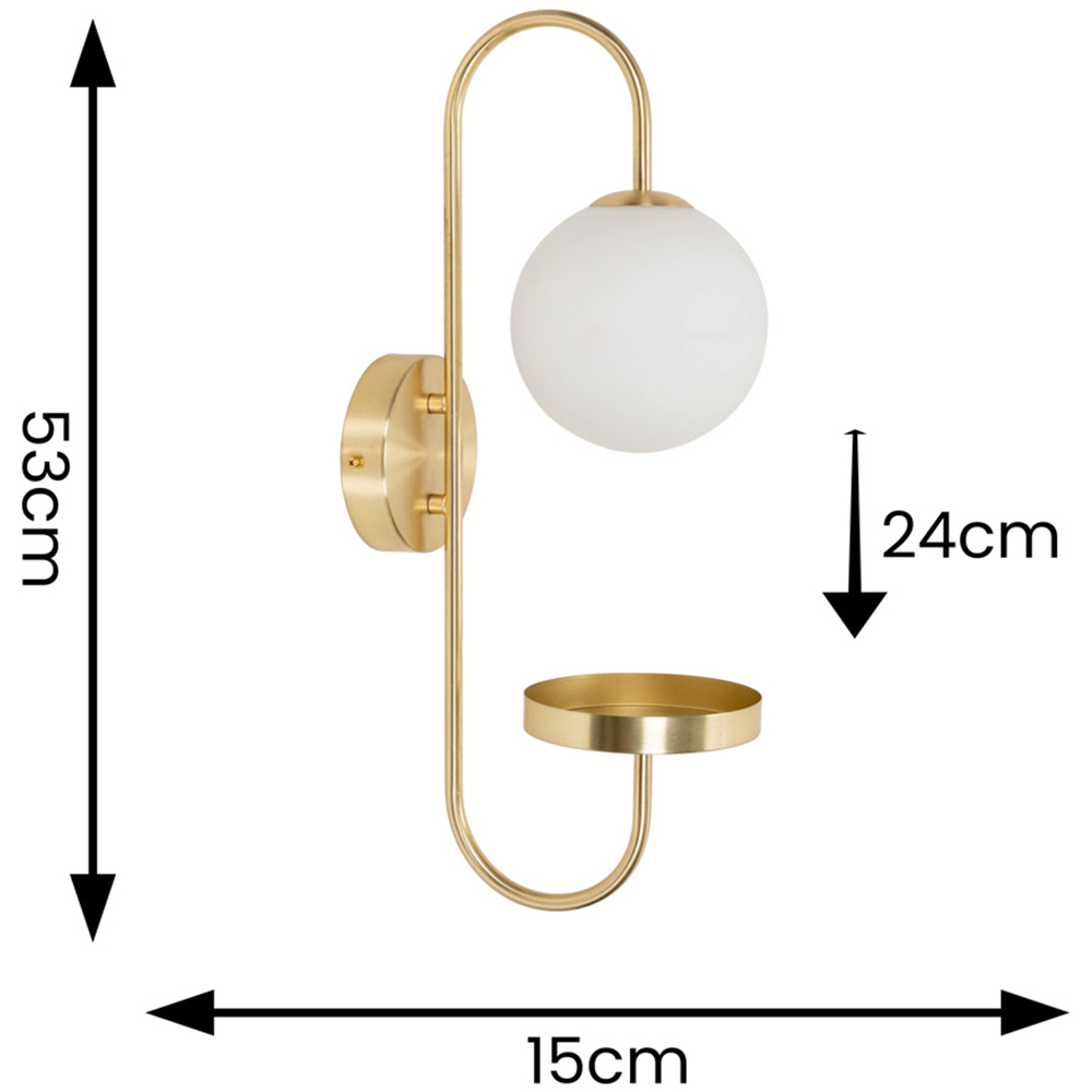 ValueLights Milo Frosted Glass Globe Shade Curved Brushed Gold Wall Light with Shelf and Bulb Image 6