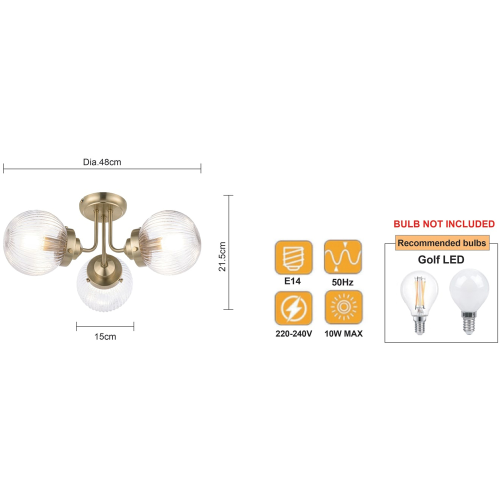 Cosylyte Finley Bathroom 3 Light Classic Ribbed Glass Brass Metal Base Side Ceiling Light Image 8