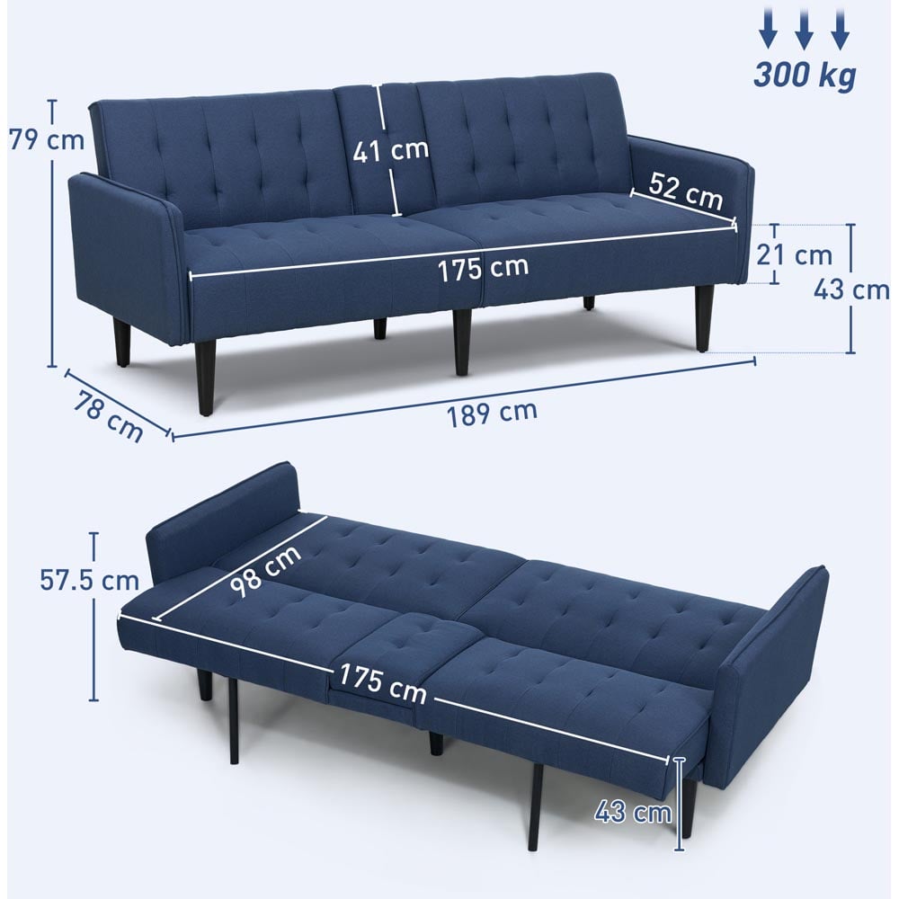HOMCOM 3 Seater Dark Blue Upholstered Sofa Bed with Storage Image 9