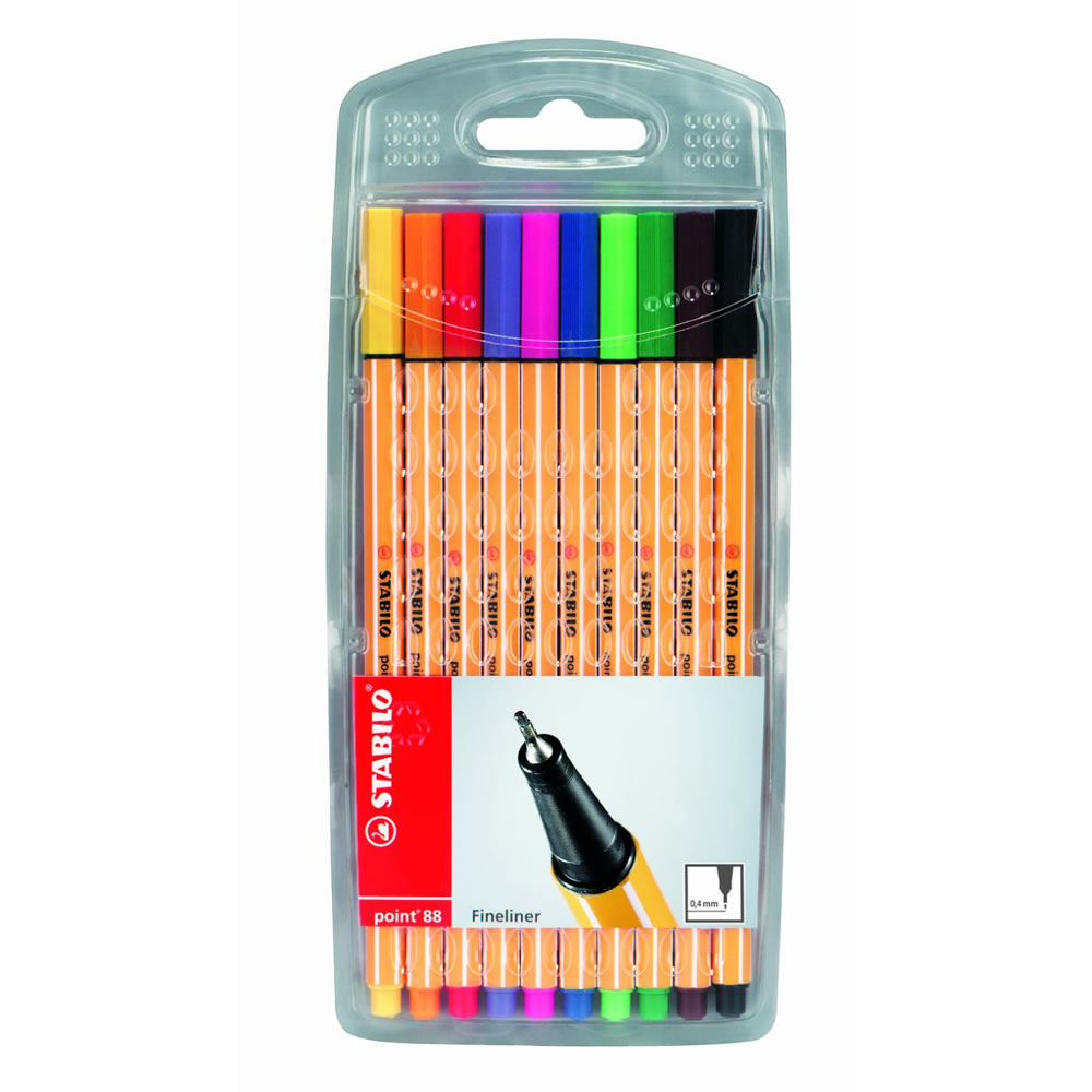 STABILO Point 88 Fineliners 10 pack  - wilko The STABILO point 88 is the original universal fineliner suitable for the whole family with a metal encased tip to ensure quality and prevent breakages. Its special formula ink will not smudge and also will not dry out, even if the cap has been left off for a while. Also, because of its 0.4mm fine tip, the point 88 is excellent for all kinds of different projects - from jotting down notes, revision, mind-mapping to detailed art work and relaxing in front of the television with your favourite mindfulness art therapy book.  10 pack. Colours may vary.