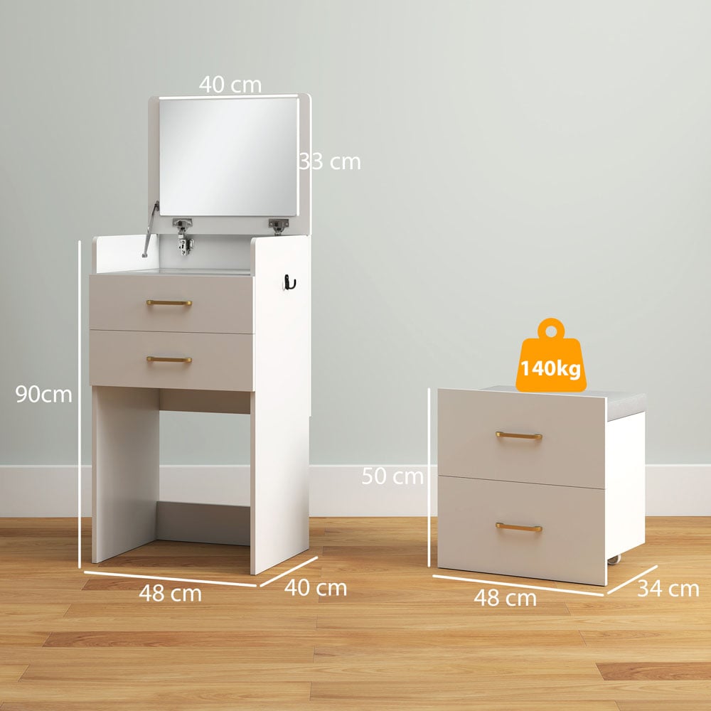 HOMCOM 4 Drawer 3 in 1 Mirror Dressing Table with Cushioned Stool Image 9