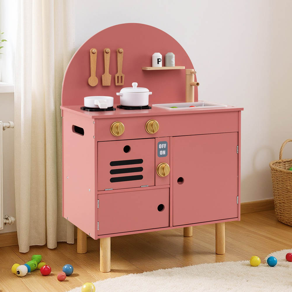 Costway Kids Pink Wooden Kitchen Play Set with Stoves Faucet Image 2