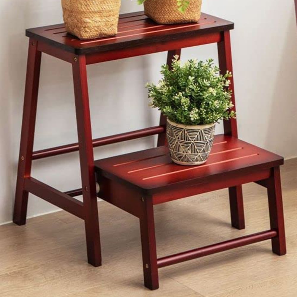 Costway 2 Step Red Bamboo Footstool Ladder Image 1