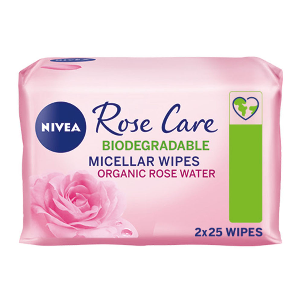 Nivea 3 in 1 Biodegradable Rose Care Wipes 50 Pack Image 1