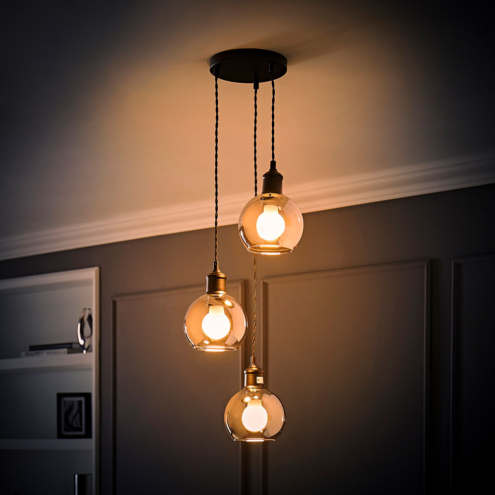 ValueLights Bellamy Smoked Glass Globe 3 Drop Matte Black LED Ceiling Pendant Light Image 2