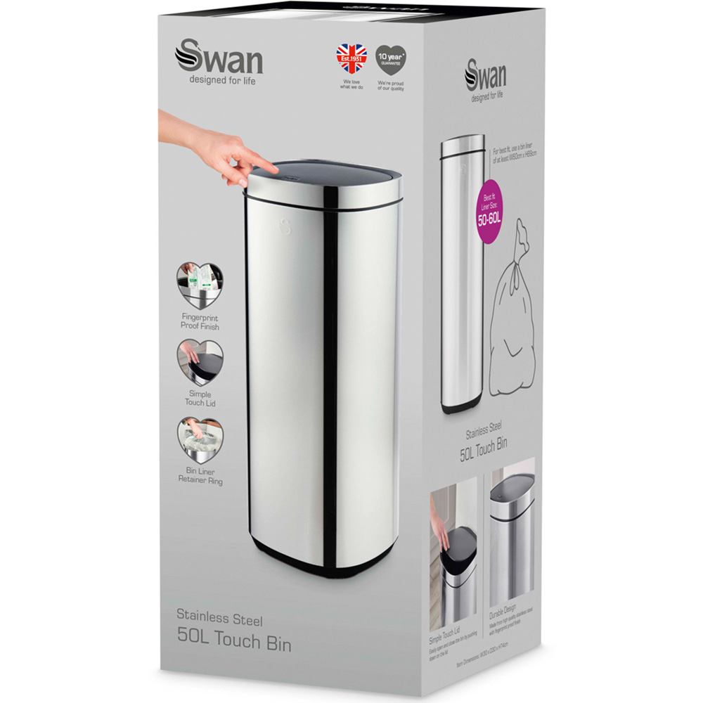 Swan Silver Stainless Steel Square Touch Bin 50L Image 2