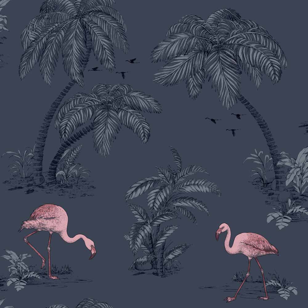 Holden Decor Flamingo Lake Midnight Blue and Pink Wallpaper Image 1