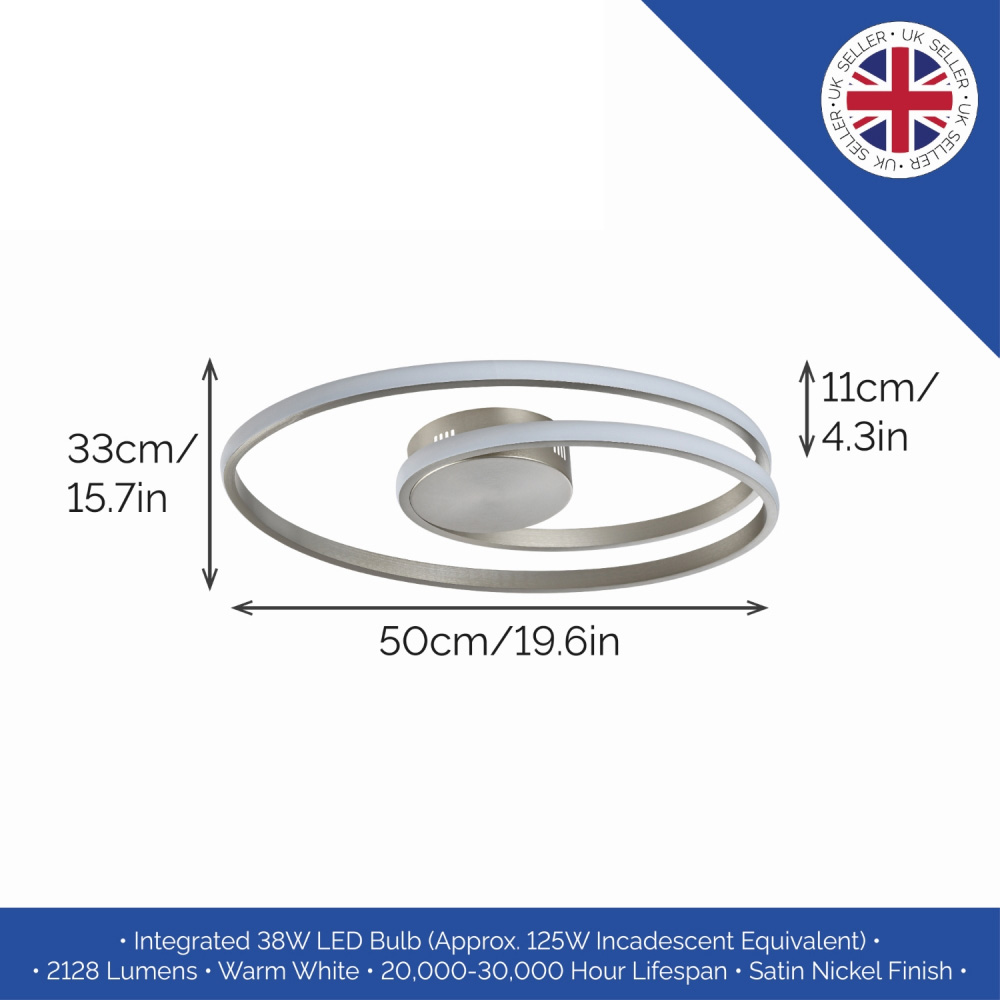 Happy Homewares Double Swirl Strip Satin Nickel LED Flush Ceiling Light Image 6