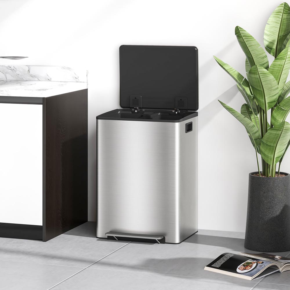 HOMCOM Silver Double Kitchen Bin with Soft Close Lid 60L Image 4
