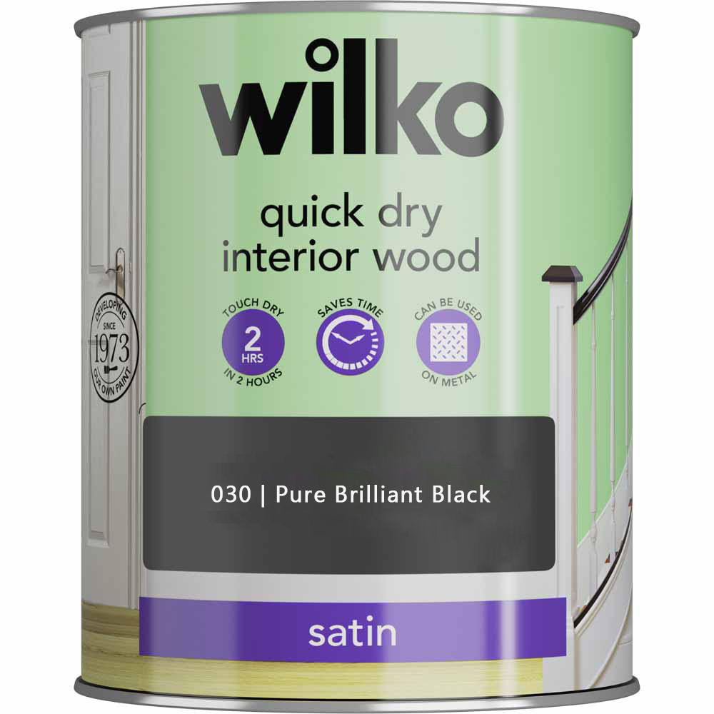Wilko Quick Dry Interior Wood Pure Brilliant Black Satin Paint 750ml Image 2
