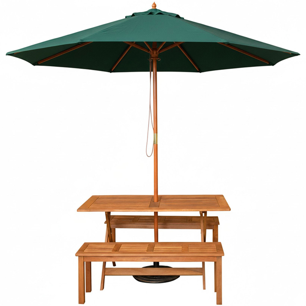 Samuel Alexander 4 Seater Wooden Rectangular Dining Bench Set with Green Parasol and Base Image 2