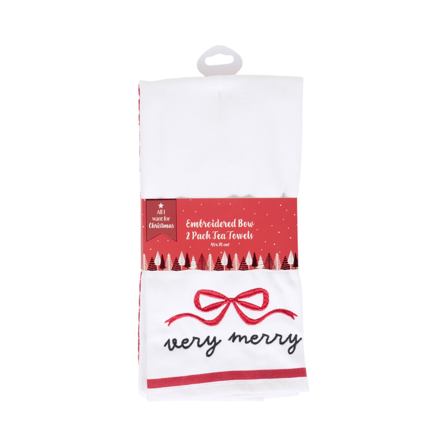Pack of 2 Embroidered Bow Tea Towels Red Image 1
