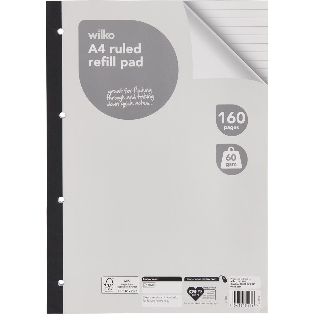 Wilko A4 Functional Refill Pad 160 pages 60gsm Wilko