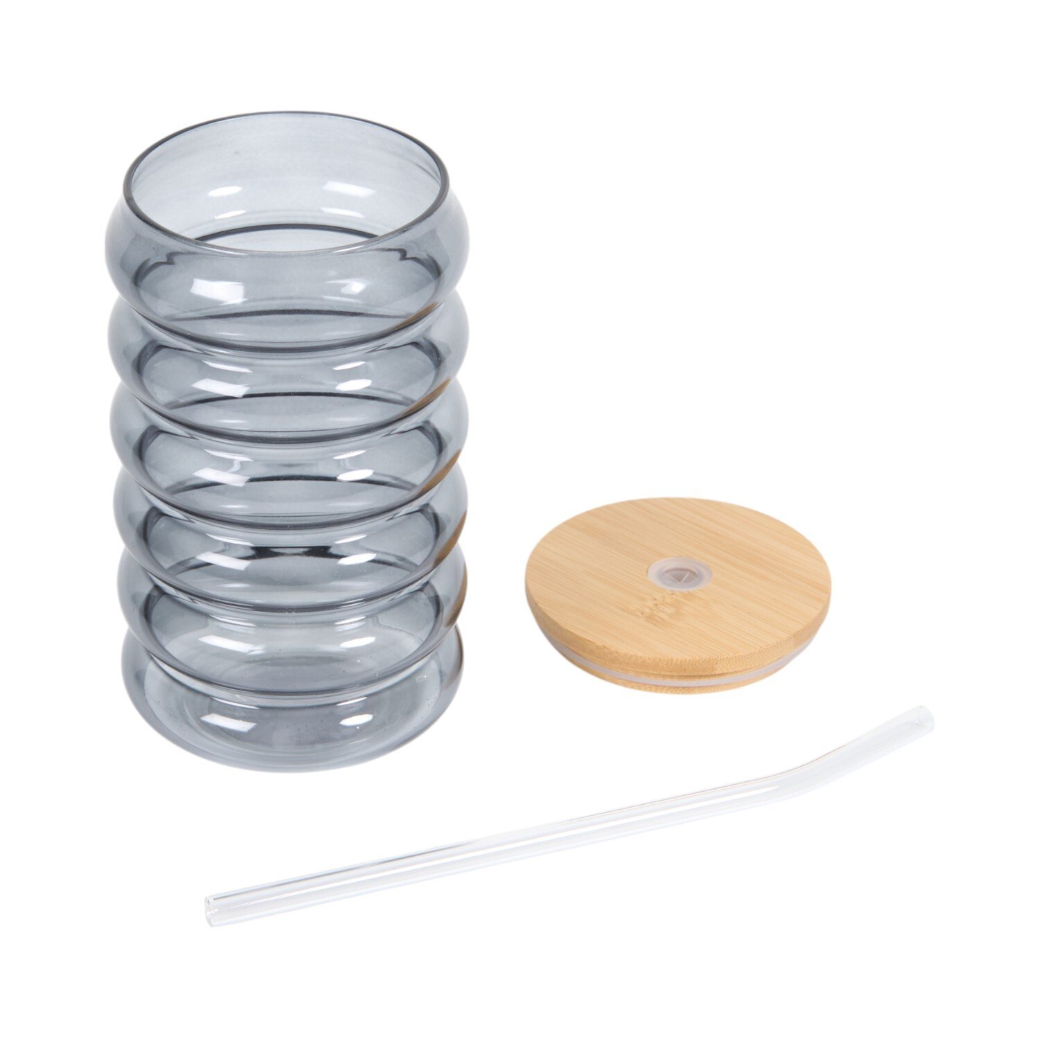 Smoked Glass Tumbler with Bamboo Lid and Straw Grey Image 4