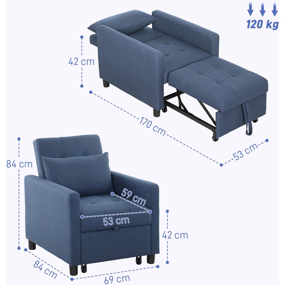 HOMCOM Blue Upholstered Fabric Convertible Single Chair Bed Image 9