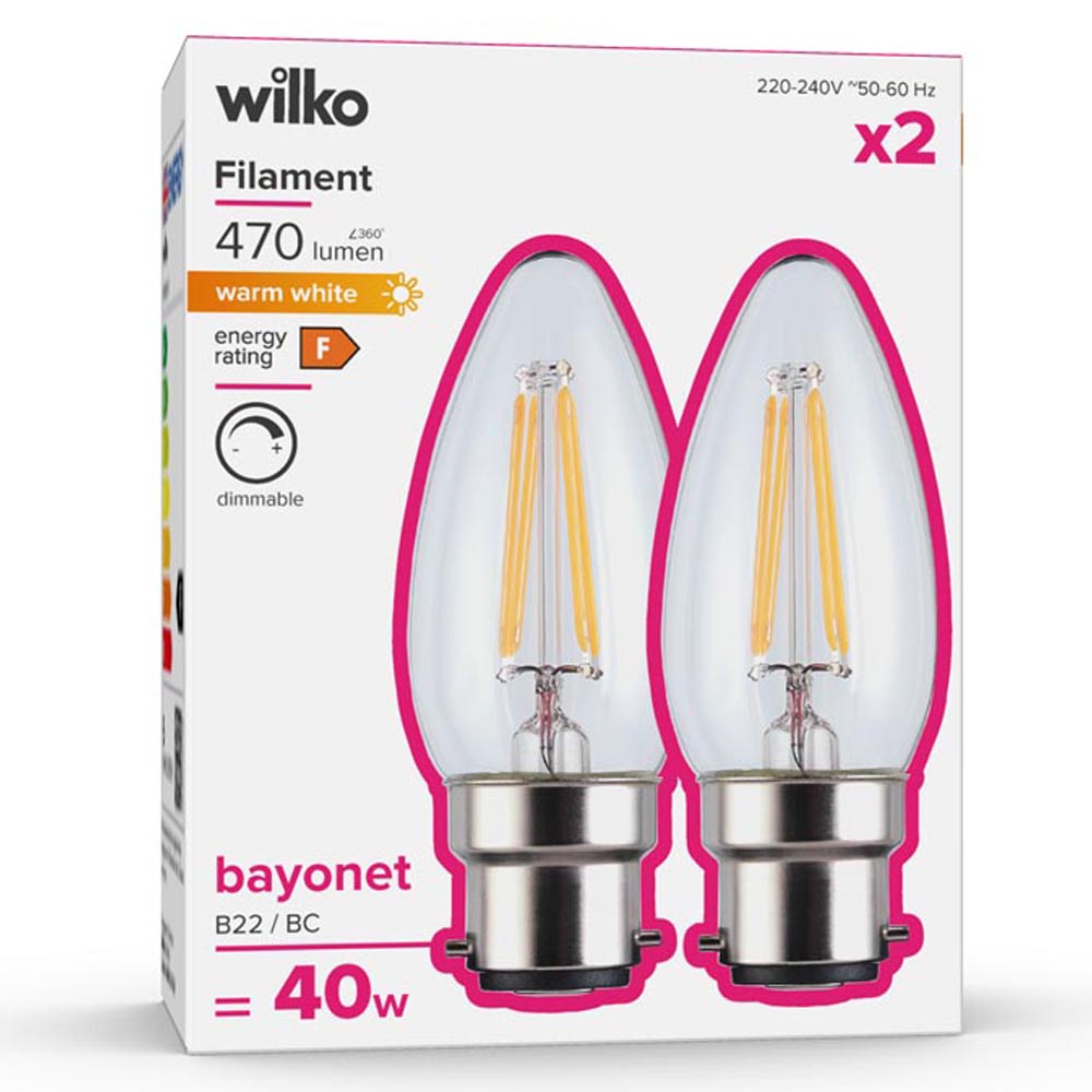 Wilko 2 pack Small Screw B22/BC 470lm LED Filament Candle Light Bulb Image 1