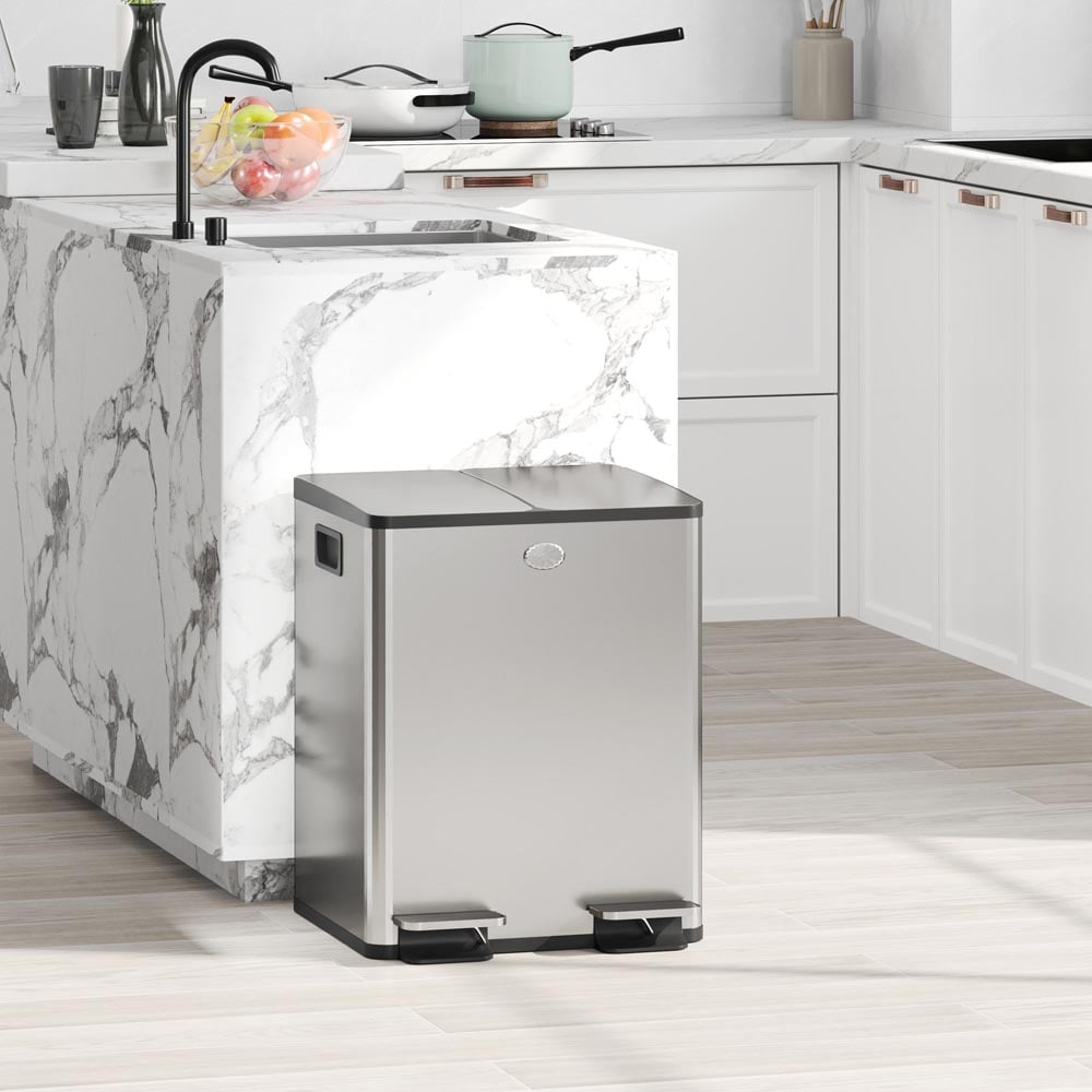 HOMCOM Silver Dual Compartment Pedal Kitchen Bin 40L Image 2