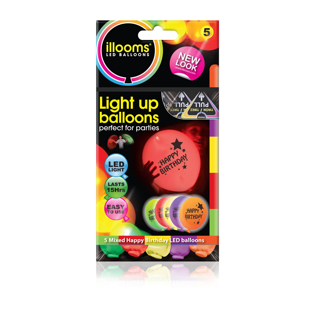 Illooms Assorted Colours Happy Birthday Light-Up Balloons 5 pack Image