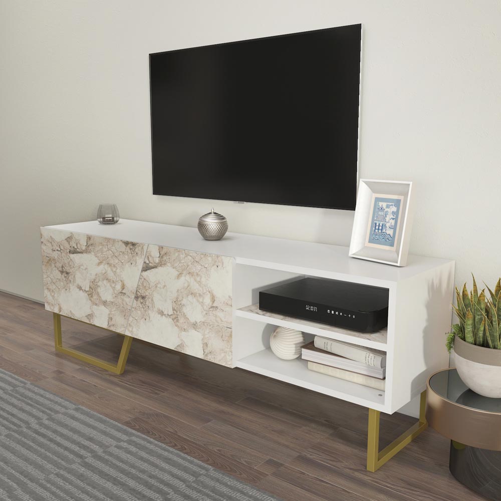 Decorotika Denasse White Marble Effect and Gold TV Unit Image 3