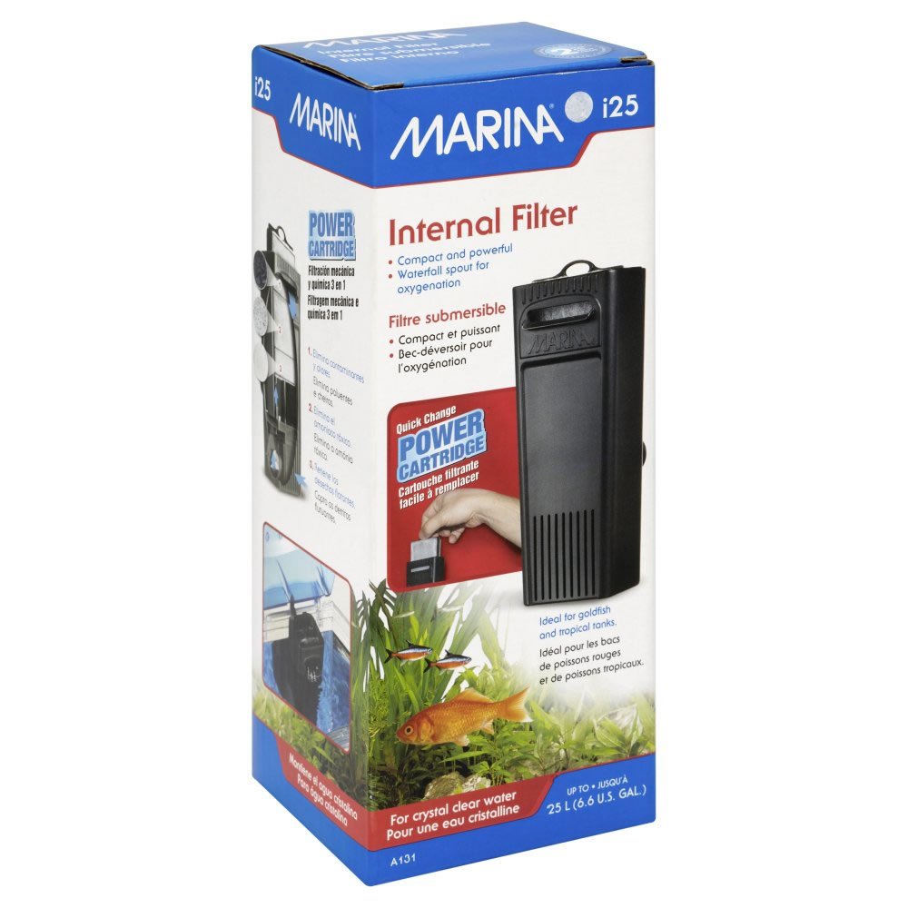 Marina i25 Internal Filter  - wilko Save your aqua friends from any dirt particles with the Marina i25 aquarium filter. The compact yet powerful internal filter can be used with any goldfish aquarium or tropical tank of up to 25 litres. It effectively filters water through 3 stages of filtration, providing a cleaner and healthier aquarium environment. The uniquely designed power cartridge (included) enables the water to enter from the centre for an effective mechanical, chemical and biological filtration process. An outlet then from the polyester foam layer leaves all trapped debris inside the cartridge, ensuring your aquarium water is crystal clear. This way, it enhances the water quality, and a waterfall spout allows continuous oxygenation.
