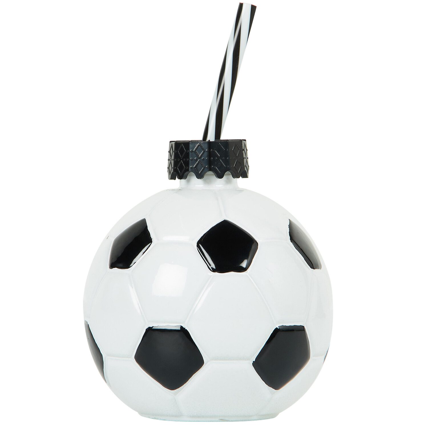 Glass Football Drinking Jar and Straw 400ml - Black and White Image 1