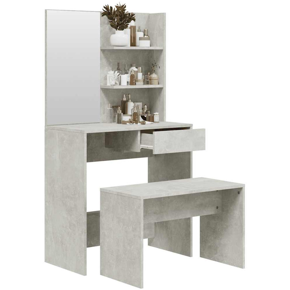 vidaXL Single Drawer 2 Shelf Concrete Grey Dressing Table and Stool Set with Mirror Image 4