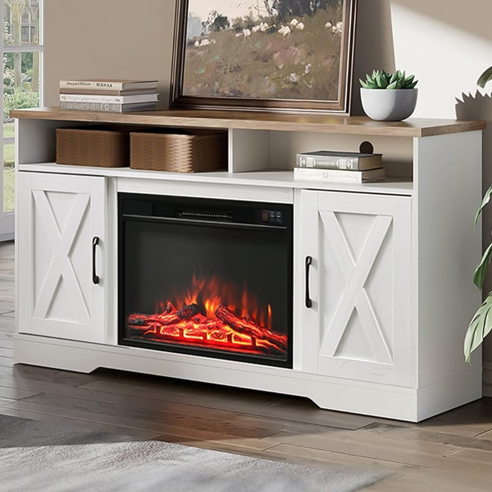 Living and Home White TV Stand Surround Set Electric Fireplace with Timer and Remote 24 inch Image 1